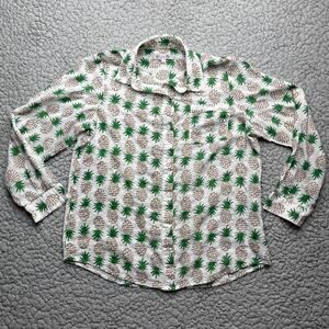 Joy Joy Button Up Shirt Womens Large Vintage Pineapple Print Roll-Tab Sleeve